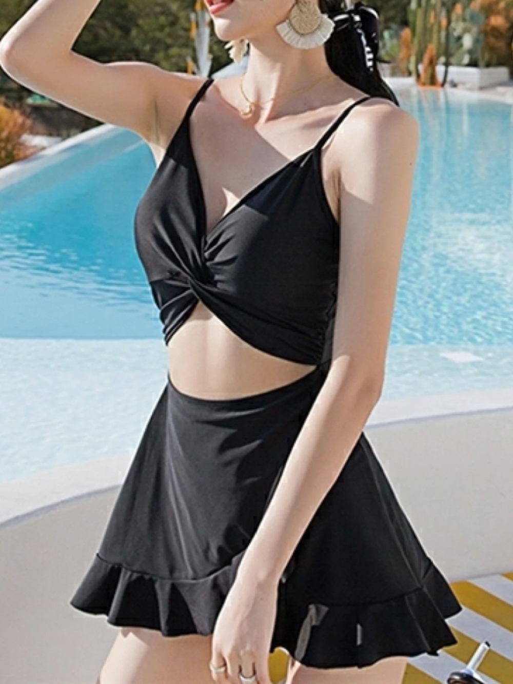 Source Unknown Black Twist-Front One-Piece Swimdress With Short